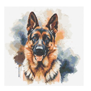 May include: A German Shepherd dog with brown and black fur, looking directly at the viewer. The dog is set against a watercolor background with shades of blue, brown, and orange.