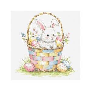 Patrón de punto de cruz de cesta de Pascua y conejito - Tamaño del diseño: 200 x 200 puntos