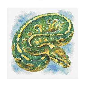 May include: A green and yellow snake with a patterned skin is curled up in a circle. The snake is on a white background with blue watercolour accents.