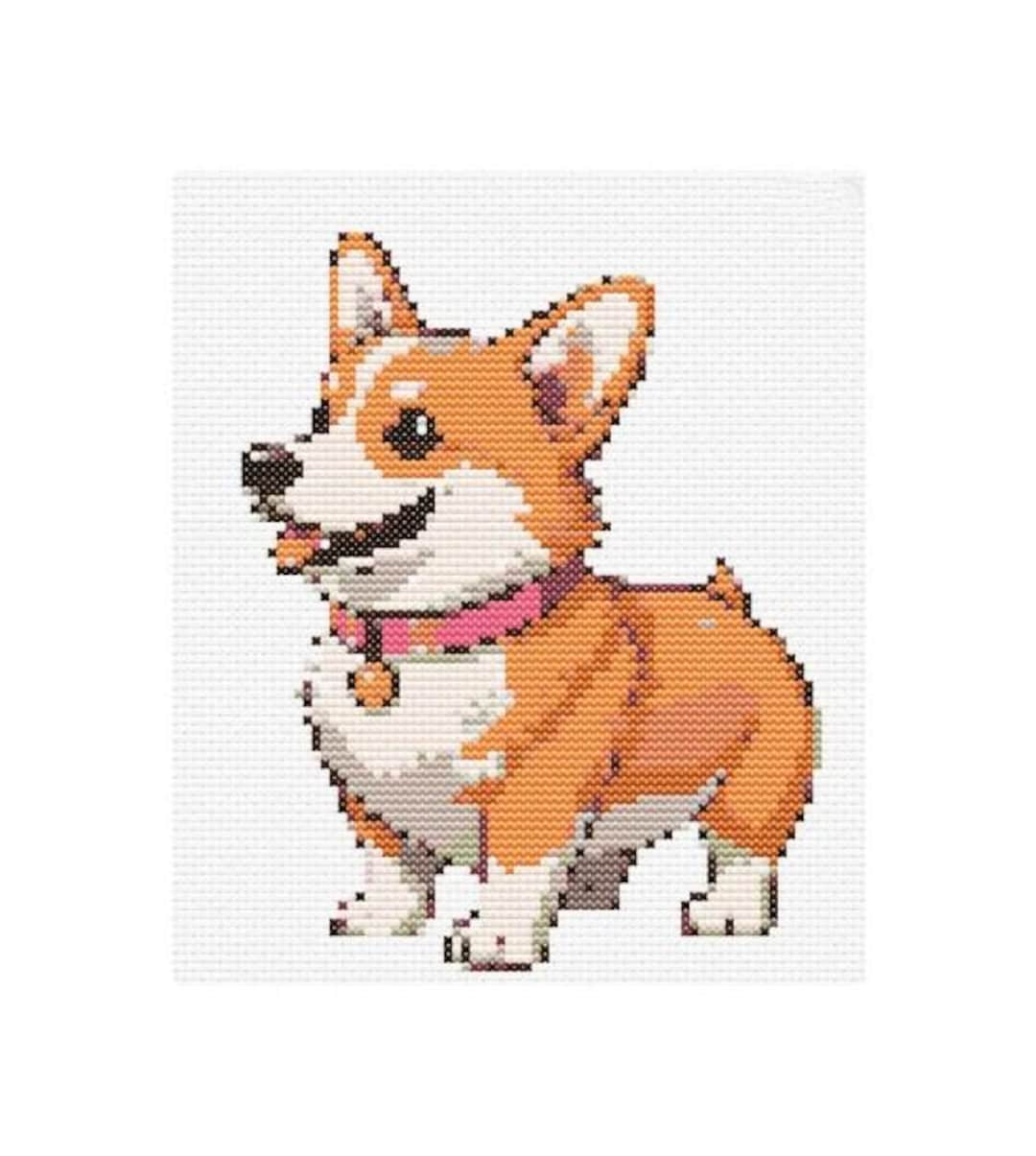 ウェルシュ・コーギーの水彩クロスステッチパターンPDF、犬の肖像画