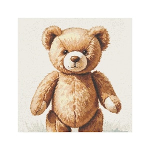 May include: A brown teddy bear with a light brown muzzle, a white nose, and black eyes. The bear has a friendly expression and is standing upright. The fur is a soft, textured material. The background is a light, off-white colour.