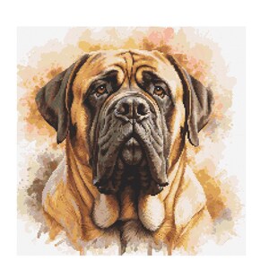 May include: A close-up portrait of a brown and black English Mastiff dog with a soft, watercolor background.