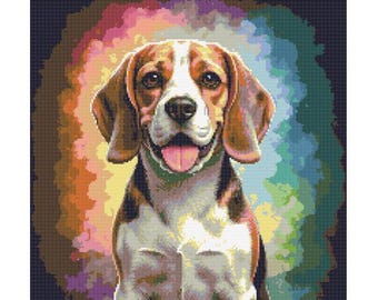May include: A beagle dog with brown and white fur sits in front of a colorful rainbow background. The dog has its tongue sticking out and is looking at the camera.