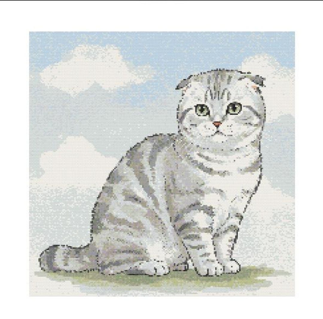 スコティッシュフォールド猫の水彩画風クロスステッチ図案 - デザイン