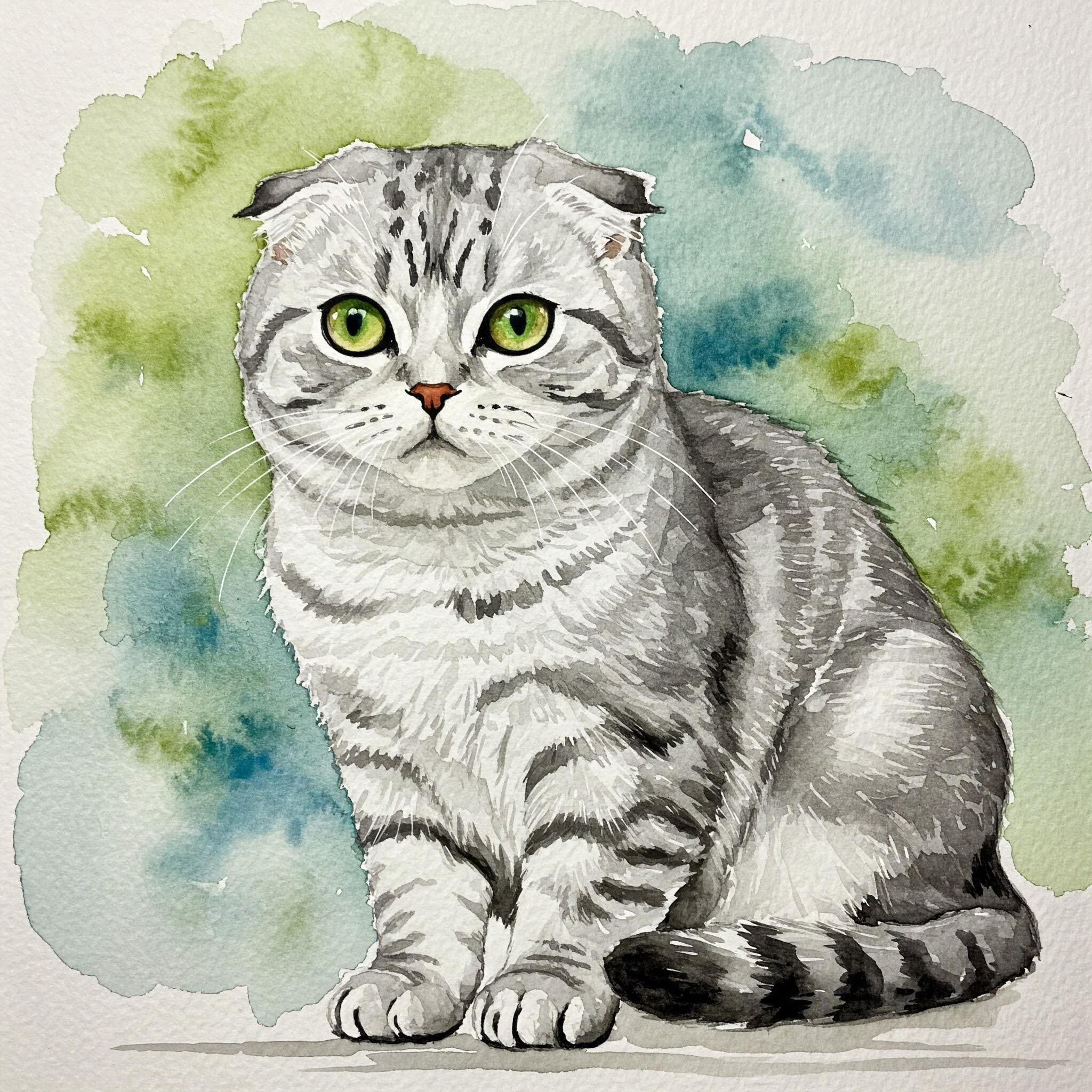 スコティッシュフォールド猫の水彩画風クロスステッチ図案 - デザイン