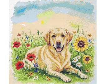 黄色のラブラドールレトリバー犬のクロスステッチパターン - デザイン