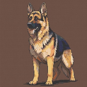 May include: A German Shepherd dog with brown and black fur is sitting on a brown background. The dog is looking to the left of the image.