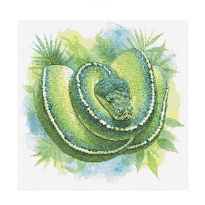 Peut inclure: Un serpent vert enroulé en boule, la tête reposant sur son corps. Le serpent est entouré de feuilles vertes et d'un fond aquarelle.