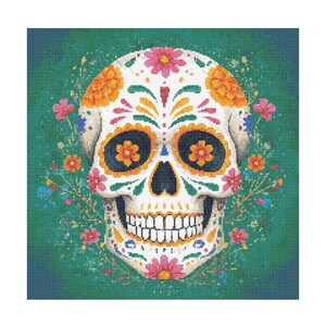 May include: A colorful sugar skull with floral details on a green background. The skull is decorated with bright colors, including pink, yellow, orange, and blue.