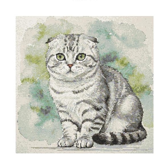 スコティッシュフォールド猫の水彩画風クロスステッチ図案 - デザイン