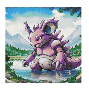 Puede incluir: Un personaje Pokémon morado y rosa con orejas grandes y una espalda espinosa se encuentra en un lago. El fondo es un cielo azul con nubes blancas y árboles verdes.