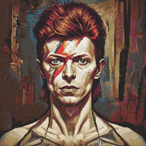 May include: A close-up portrait of a person with red hair and a lightning bolt painted across their face. The background is a blurred, textured wall.