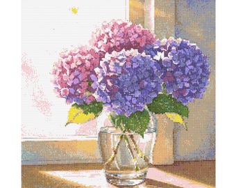 Purple Hydrangeas in Sunbeam Watercolor Cross Stitch Pattern - Design size: 200 x 200 stitches