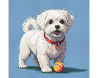 Patrón de punto de cruz de perro maltés con pelota - Tamaño del diseño: 200 x 200 puntos