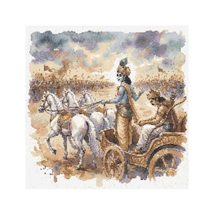 May include: A cross-stitch design depicting a scene from an epic battle. A blue-skinned figure guides a chariot pulled by white horses. A warrior sits in the chariot, and an army is in the background. The color palette is muted.