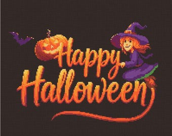 ハッピーハロウィン 魔女とほうき クロスステッチパターン - デザイン