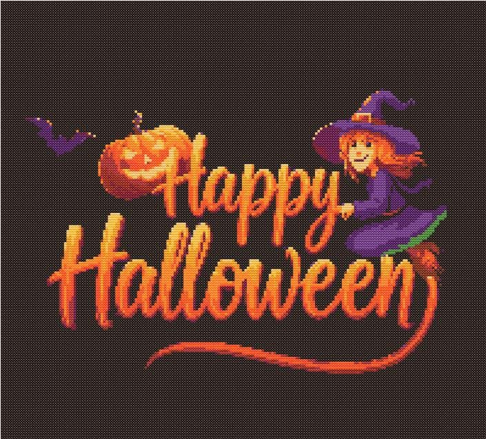 ハッピーハロウィン 魔女とほうき クロスステッチパターン - デザイン