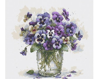 Violets in Vase Watercolor Cross Stitch Pattern - Design size: 200 x 200 stitches