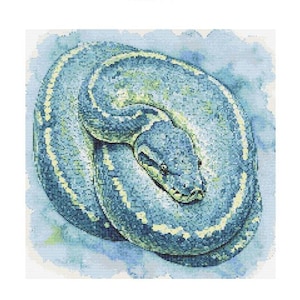 Puede incluir: Ilustración de una serpiente enroscada en tonos azules, verdes y amarillos. Las escamas de la serpiente están detalladas y el fondo tiene un efecto acuarela. La serpiente es el foco central de la imagen.