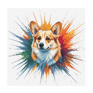 Op de afbeelding: Een kleurrijk abstract schilderij van een corgi-hond met een witte achtergrond. De hond bevindt zich in het midden van het schilderij en is omringd door kleurspatten.