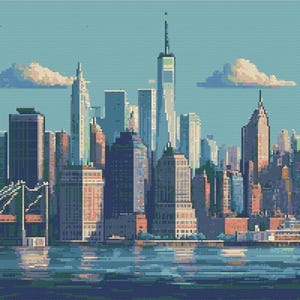 New York City Hudson River Cityscape Cross Stitch Pattern - 200 x 200 stitches