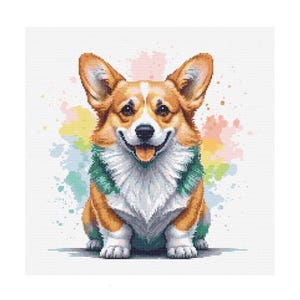 Può includere: Un cane corgi marrone e bianco con una sciarpa verde, seduto davanti a uno sfondo acquerellato colorato.