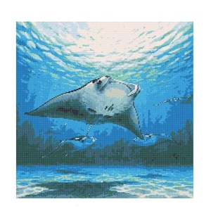 May include: A blue manta ray swims through the ocean, with a blue and white background. The manta ray is in the foreground of the image, with the ocean floor and surface in the background.