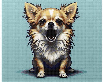 以下が含まれることがあります： 大きな耳を持つ小さく、茶色と白のチワワ犬が座って、口を開けてカメラを見つめています。犬は薄い青色の背景の上にいます。