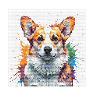 Op de afbeelding: Een kleurrijk, abstract schilderij van een corgi-hond met spatten van oranje, blauwe, groene en paarse verf.