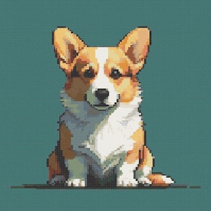 Puede incluir: Un perro corgi marrón y blanco sentado con las patas delanteras hacia adelante y la cabeza ligeramente inclinada hacia un lado. El perro tiene un pecho blanco y una raya blanca en la cara.