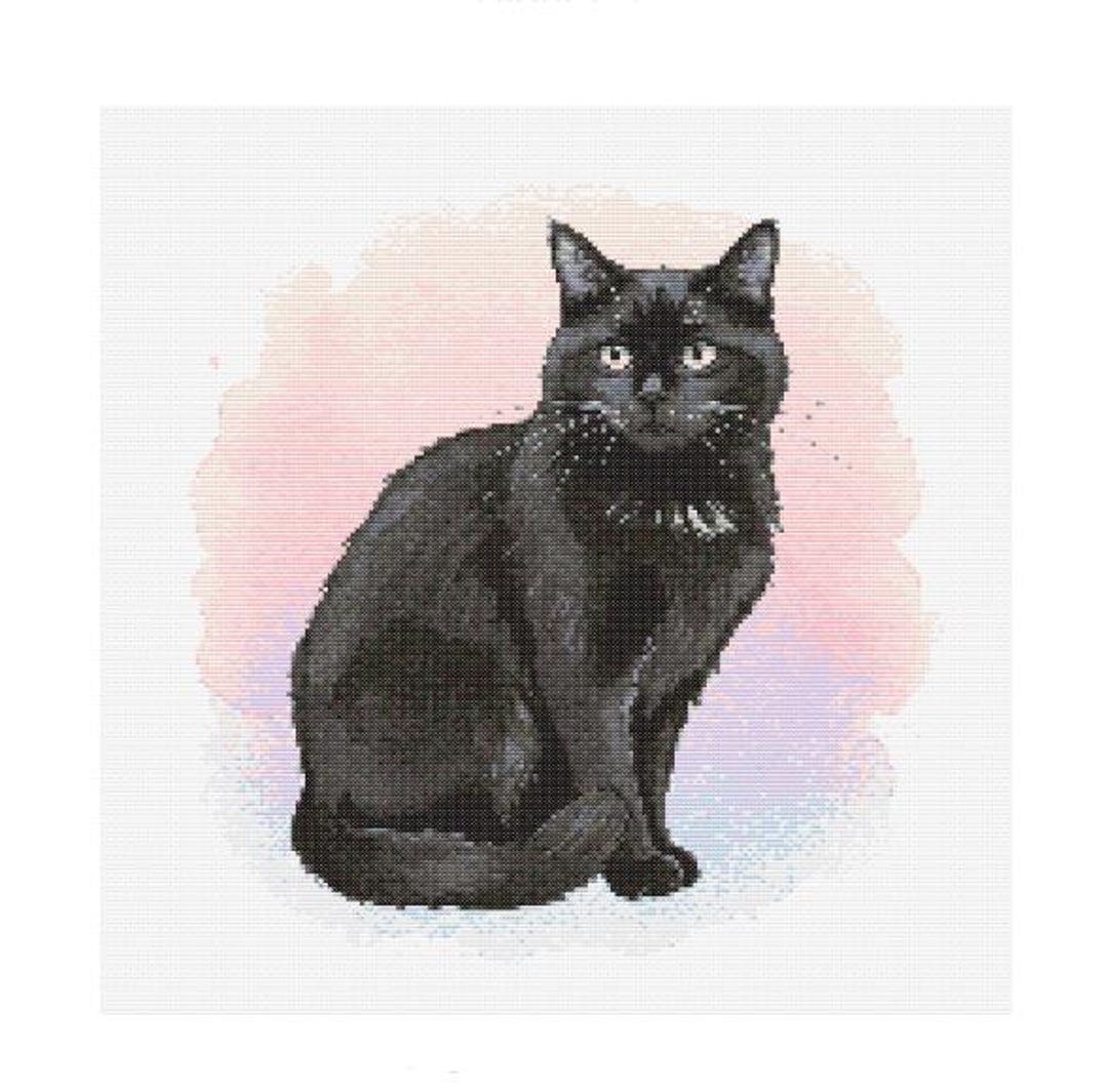 黒猫の水彩画クロスステッチパターン - デザインサイズ：200 x 200