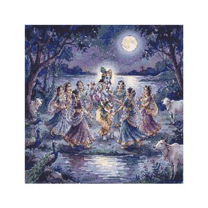 May include: A vibrant illustration depicts a group of figures dancing in a circle near a body of water under a full moon. The figures are dressed in colorful traditional attire. Trees and animals are also present.