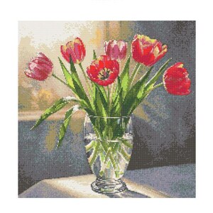 May include: A bouquet of red and pink tulips in a clear glass vase. The tulips are arranged in a fan shape and the vase is sitting on a white table.