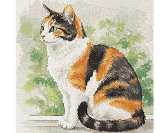 三毛猫の水彩クロスステッチパターン - デザインサイズ：200 x 200