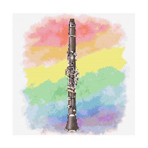 Può includere: Un clarinetto nero con chiavi d'argento è centrato su uno sfondo ad acquerello con colori arcobaleno.
