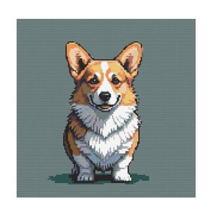 Può includere: Un cane corgi marrone e bianco con un'espressione felice, in piedi su uno sfondo verde.