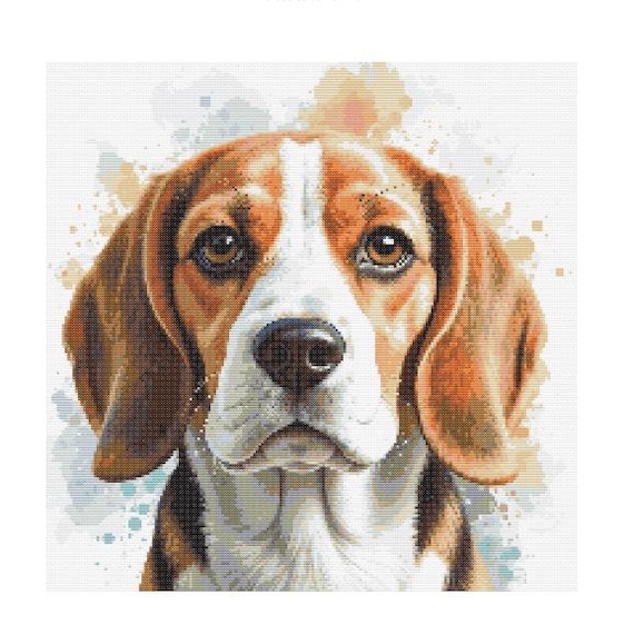 ビーグル犬の水彩画風クロスステッチパターン：犬の肖像画（PDF