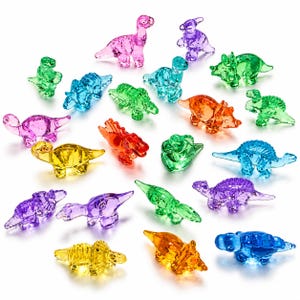 May include: A collection of small, translucent plastic dinosaur figurines in various vibrant colors including red, orange, yellow, green, blue, and purple. The set features diverse prehistoric species with detailed molded textures and smooth surfaces.