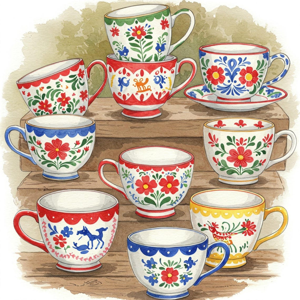 Folk Art Tea Cups Cross Stitch Pattern - Design Size: 200 X 200 ...