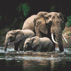 Elephant Family Drawn Cross Stitch Pattern - Design size: 200 x 200 stitches