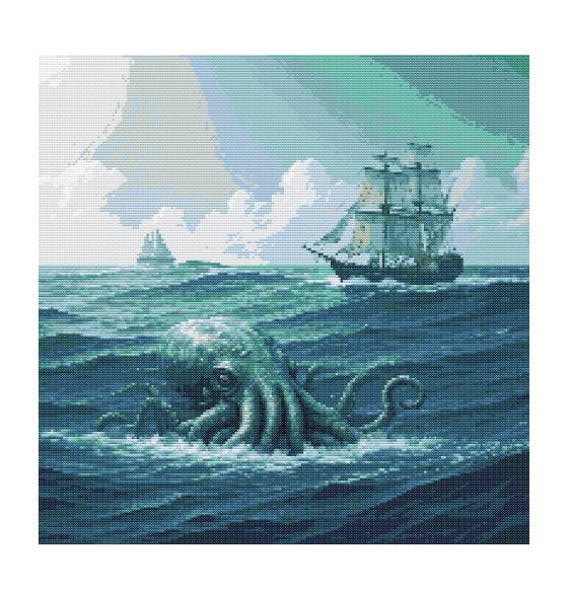 巨大イカの水彩画風クロスステッチ図案 - デザインサイズ 200 x 200