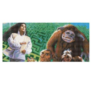 May include: A woman in a white robe walks through a green maze with a furry creature and two other people behind her.
