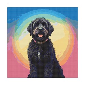 May include: A black dog with a pink collar sits in front of a colourful background. The background is a rainbow of colours with a yellow sun in the centre.