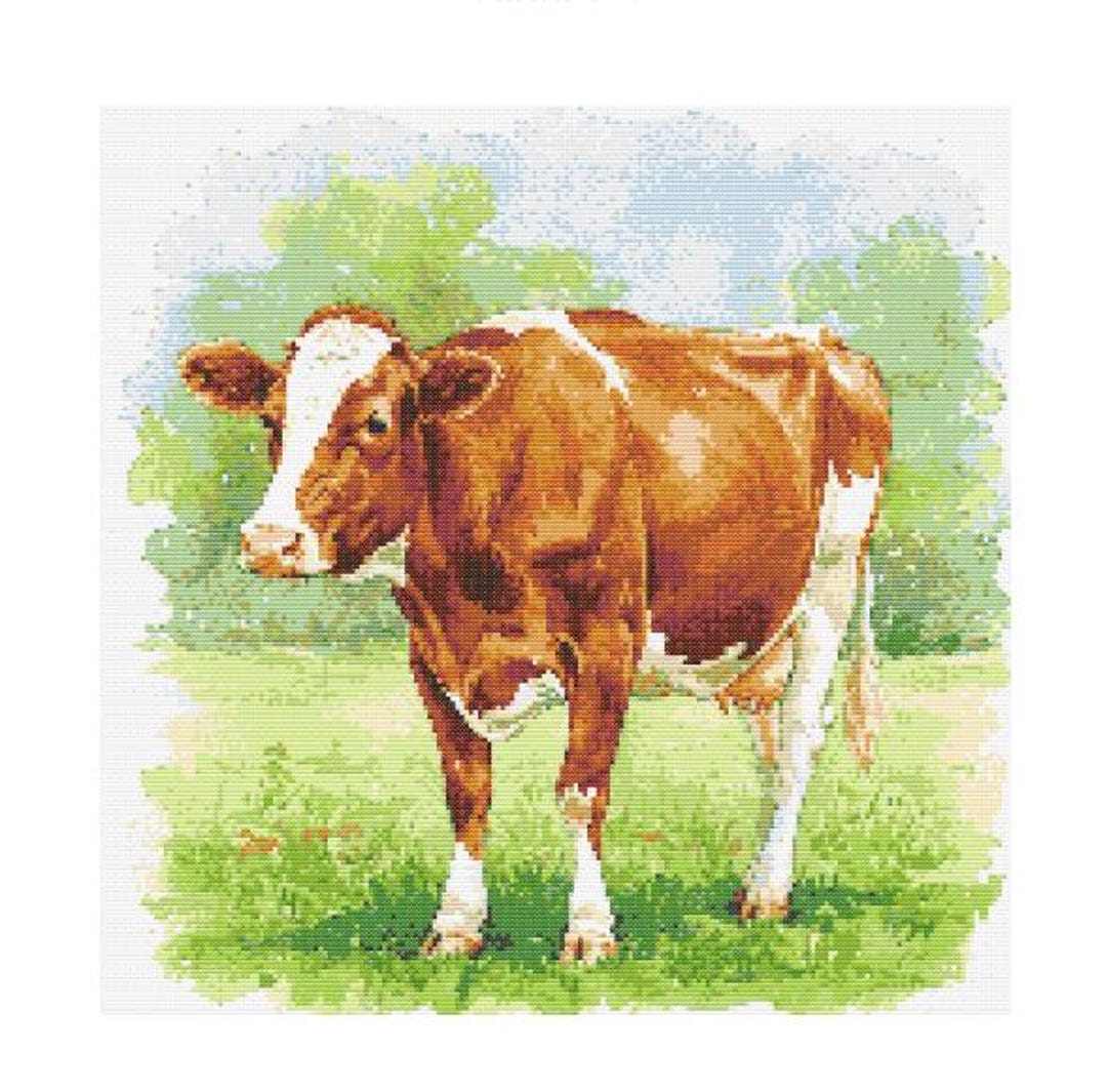 牛の水彩画クロスステッチパターン - デザインサイズ：200 x 200