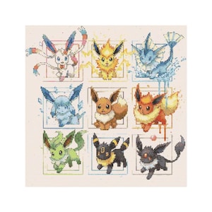 Puede incluir: Un patrón de punto de cruz con nueve personajes Pokémon diferentes, cada uno dentro de un marco cuadrado. Los personajes incluyen Sylveon, Jolteon, Vaporeon, Glaceon, Eevee, Flareon, Leafeon, Umbreon y Espeon, en varios colores.