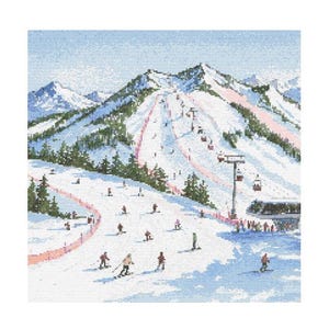 May include: A cross-stitch depiction of a snowy mountain ski resort. The scene includes skiers, ski lifts, and evergreen trees. The sky is a light blue, and the snow-covered slopes have pink and red ski runs.