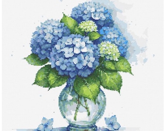 Blue Hydrangeas in Vase Watercolor Cross Stitch Pattern - Design size: 200 x 200 stitches