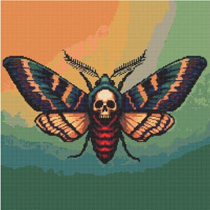 May include: A colorful moth with a skull-like head and wings with intricate patterns. The moth is set against a blurred background of orange, green, and blue.