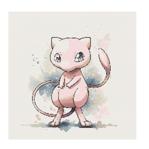 May include: A pink and white cartoon character with a long tail and big eyes. The character is standing on a light blue background with white and pink watercolor splatters.
