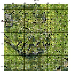 May include: A pixel art image of a green, brown, and black design. The design is made up of small squares, each with a different color and pattern. The image is labeled "Python 2" at the top.